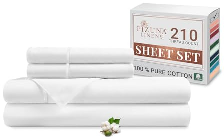 Pizuna Cotton Percale King Size Sheet Set White 100% Long Staple | Combed Cotton Bedding, 275x280 cm, Soft Sateen 4 Pc King Bed -fitted Flat Sheet & 2 Pillowcases