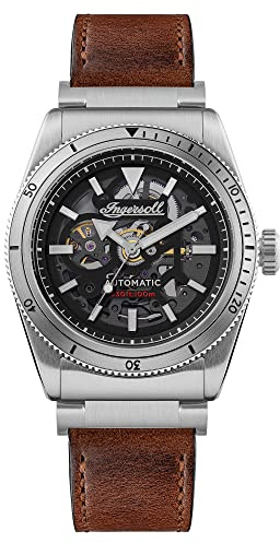 Ingersoll 1892 The Scovill Mens 43mm Automatic Watch with Black Skeleton Dial and Brown Leather Strap I13901