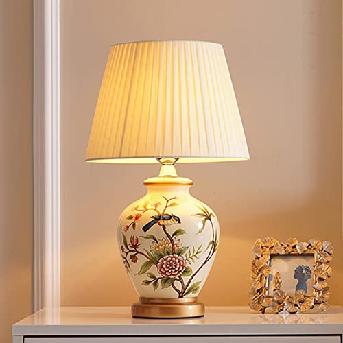 Mengjay Klassische Vintage Art Keramik Tischlampe, Vase-Like-Tuch Lesebuch-Licht Schreibtischlampe Porzellan-Antike Blumen verzierte Nacht Birne Beistelltisch Dresser E27 (Weiß)