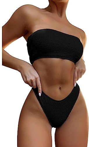 TOEECY Bikini Set Damen Trägerlos Badeanzüge Bademode Zweiteiliger Badeanzug Push Up High Waist Sexy Schwimmanzug Swimsuit (Schwarz,M)
