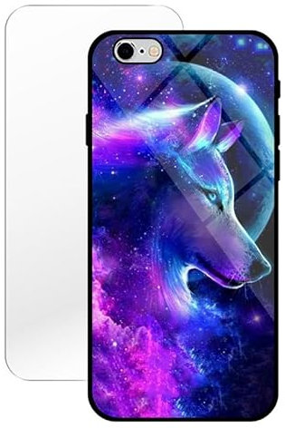 KARTXITAI Coque Compatible avec iPhone 6 / 6S,Verre Trempé Dure + Bords Couvrants Silicone TPU Souple Hybride Étui Antichoc Anti Rayures Case+Film Protection écran Lune Loup Nuage