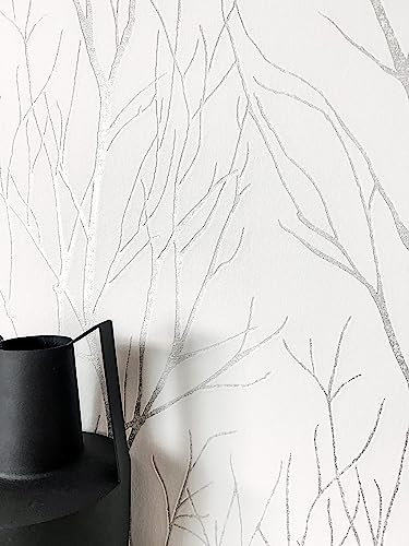 NEWROOM Papier peint Blanc Branches Intissé - Floral Argent Branches Romantique