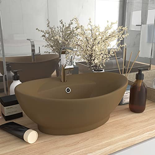 HIGSOSE Lavandino con Troppopieno Crema Opaco 58,5x39cm Ceramica Lavandino da Appoggio Lavabo Appoggio Lavatoio Ceramica Lavatoio da Esterno Lavabo da Appoggio Arredo Bagno Ovale Lavabo da Esterno
