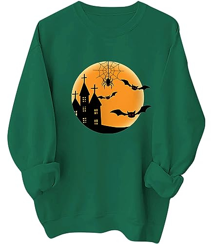 Halloween Pullover Damen Langram Modischer Kapuzenpullover, übergroßes Sweatshirt für Damen, Fledermaus-Hoodie, bedruckter Kapuzenpullover, Rundhals-Sweatshirt, leicht, lässig, Herbst (Green, L)