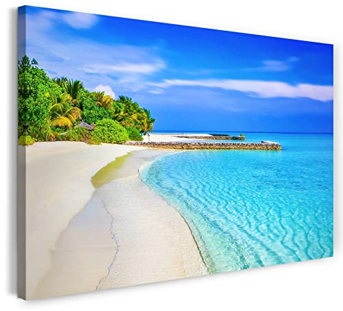 Leinwandbild (40x30cm) Landschaftsbilder Traum-Strand Sand schimmernd-blaues Wasser Bäume, Leinwand auf Keilrahmen gespannt und fertig zum Aufhängen, hochwertiger Kunstdruck aus deutscher Produktion