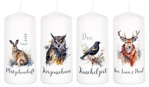 Herz & Heim® Adventskerzen Set mit Wildtieren und Wunschtext auf 4 Kerzen