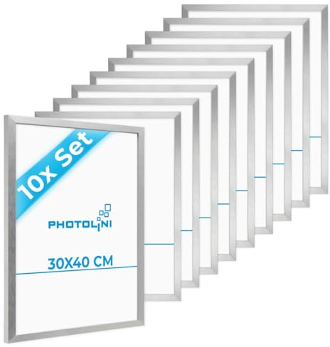 PHOTOLINI Bilderrahmen 30x40 Holz MDF Silber, 10er Set Bilderrahmen 40x30 cm, Picture Frame mit bruchsicherem Acrylglas, Rahmen 30 x 40 zum Aufhängen, extra Zubehör - Rahmen 30x40 für Fotos & Poster