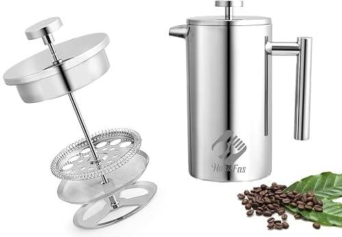 Has & Fas Cafetiere Stainless Steel 304 for 6-8 Cups, French Press Coffee Maker 1000ml/34Oz, Coffee Press Caffettiere Double Walled Insulated 3 Level Filtration System Cafeteria