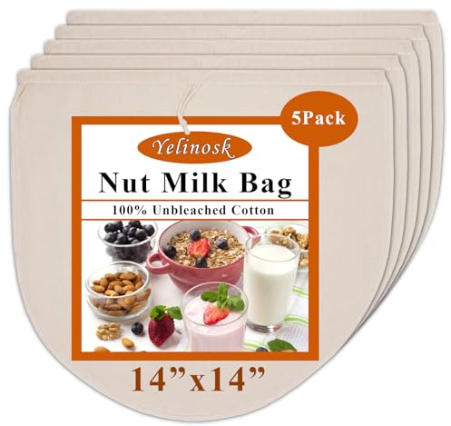 5 Pack 14x14 Nut Milk Bag, Cheesecloth Bag for Straining Reusable,100% Unbleached Cotton Cheese Cloth, Almond Oat Soy Milk Strainer, Filter Bag for Juice Cheese Yogurt Butter Herbs Tofu