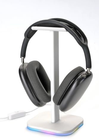 Headphone stand, Headset stand with RGB multi-color light, Headset Holder, Gaming accessories, Tabletop setup, Over-Ear Headphones, Aluminum Metal Holder (White)