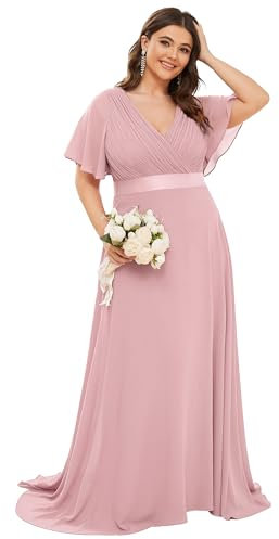 Ever-Pretty Robe de Soirée Grand Taille Mousseline Col V Femme Demoiselle Rose Poussiéreuse 52