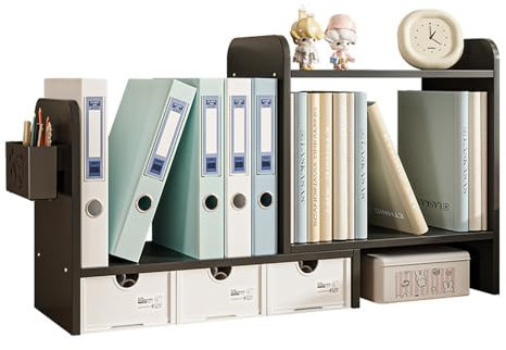 NUODWELL Erweiterbares Schreibtisch-Bücherregal mit 3 Schubladen, Bücherregal, Präsentationsregal, Heim- und Bürobedarf, Schreibtisch-Organizer (schwarz)