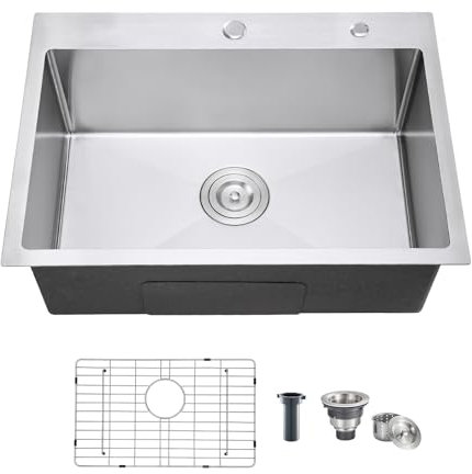 KINKIB Fregadero de cocina de 25 x 18 x 9 pulgadas, fregadero de cocina pequeño, montaje superior con rejilla inferior protectora, fregadero de barra de cocina de acero inoxidable 304 hecho a mano con