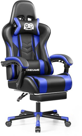 OneGame Gaming Stuhl mit Fußstütze, höhenverstellbar Computer Gamer Stuhl hohe Rückenlehne bequem, ergonomische Home Office Bürostuhl 200KG, Blau