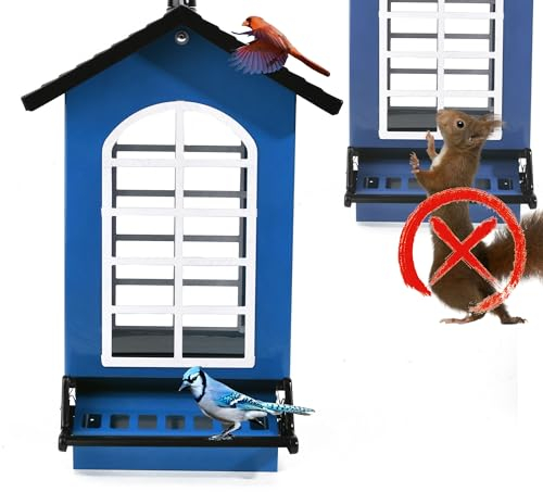 Vogelfutterstation, Eichhörnchensicher, Metall, zum Aufhängen für Wildvogelsamen, 2,3 kg, mit beidseitigen gewichtaktivierten Sitzstangen, robuste Vogelfutterspender für Wildvögel, Blau