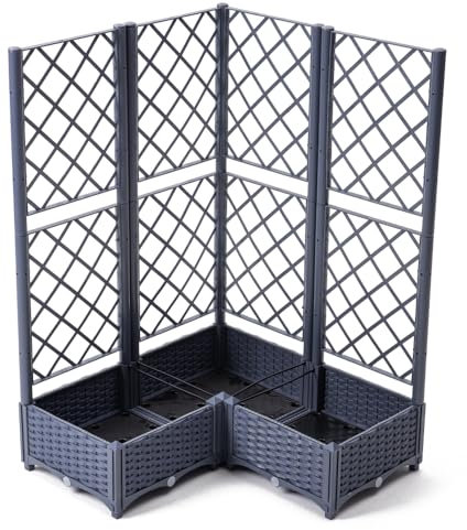 Mingone Hochbeet mit Rankgitter & Selbstbewässerung, 113×40×136 cm - Pflanzkasten für 4 Töpfe, wetterfest & UV-beständig, ideal für Garten/Balkon (Graublau)