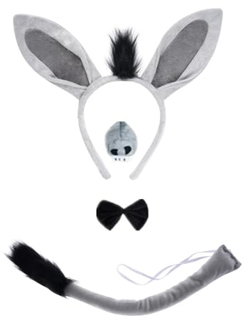Yolyoo Esel Tier Fancy Kostüm Set Graue Esel Ohren Stirnband Nasenschwanz Fliege für Halloween (Esel Kostüm Set)