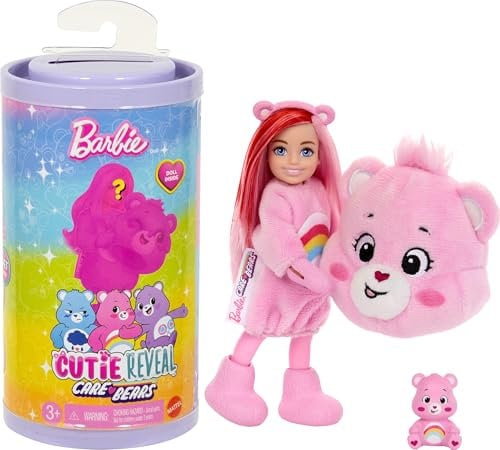 Barbie Cutie Reveal Chelsea-Puppe und Accessoires, Glücksbärchis-Reihe, kleine Puppe mit Plüschkostüm und 6 Überraschungen (Stile können abweichen), JCN97