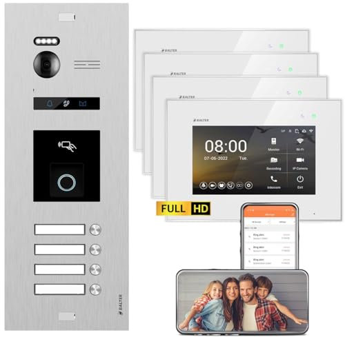 Nonic Balter EVO HD Silber/Weiß Video Türsprechanlage mit Fingerprint Set für 4 Familienhaus (1x Türstation mit Full HD-Kamera, 4X 7 Zoll WiFi Monitor, 2-Draht Bus, RFID, 175° Weitwinkel, APP)