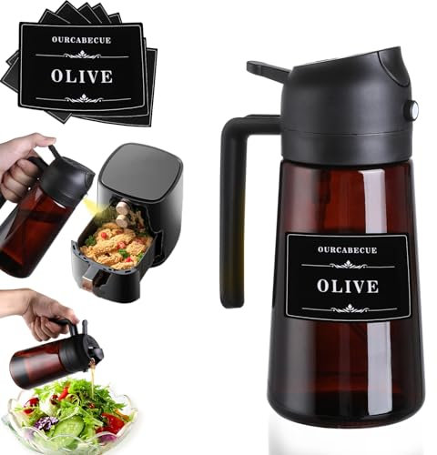 OURCABECUE Pulverizador de aceite para cocinar, botella dispensadora de aceite de oliva de vidrio de 16 onzas para utensilios de cocina, botella 2 en 1 de color marrón oscuro con calcomanías para