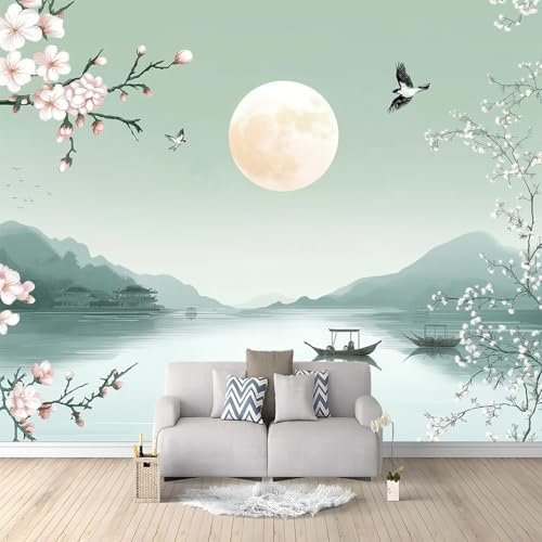 Photo Wallpaper Oriental Tranquil River Surface 3D Effect Panoramic mural wallpaper Non-Woven living room Wall Decoration Light Green poster wallpaper for Adult Children Bedroom 200 x 140 cm Wallpaper