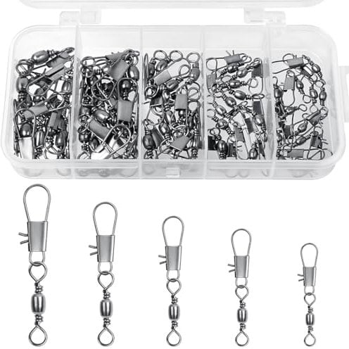 YUFETY 50 Pcs Fishing Swivels Sea Fishing Swivels and Clips Safety Snap Swivels Fishing Tackle Rolling Swivels for Quick Change Swivels Fishing Hooks to Line Connectors(2# 4# 6# 8# 10#)