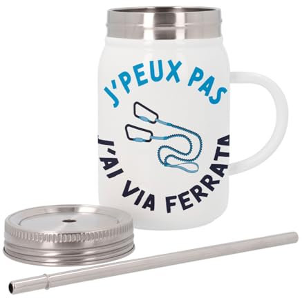 J'Peux Pas J'ai Via Ferrata Nature Sport - Tazza termica in acciaio inox con coperchio e cannuccia, 500 ml