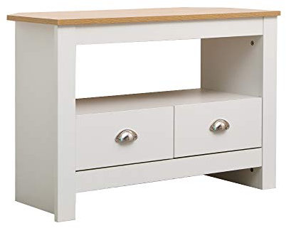 Eck-TV-Standschrank mit 2 Schubladen und 2 Ablagen, moderner TV-Schrank aus Holz für Wohnzimmer, Weiß und Eiche/Grau und Eiche, platzsparendes Design für kleine Räume