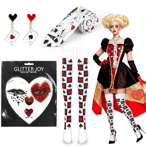 6 Stück Casino Party Kostüm Herzkönigin Kostüm Zubehör mit Pokerkarten Krawatte Ohrringe Herzkönigin Strümpfe Gesichtstattoo Karneval Kostüm Damen für Fasching Cosplay Verkleidungsparty