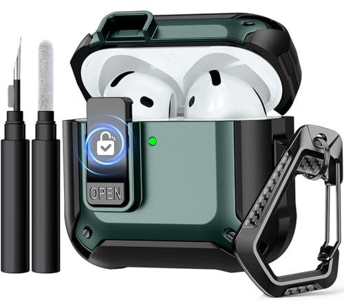 Epova Cover Compatibile con AirPods 4 Custodia, Case Rigida Antiurto con Blocco Sicuro Compatibile con Apple AirPods 4 Generazione 2024 Custodia, con Kit di Pulizia e Moschettone, Verde