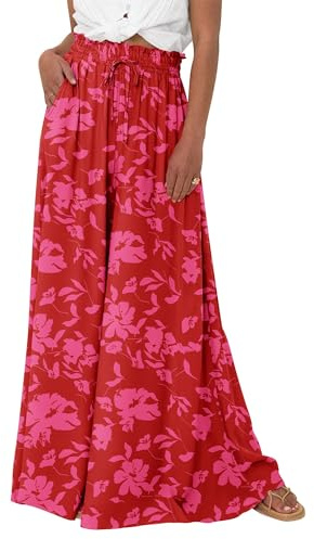 EIRUKON Pantalon Fluide Femme Large Taille Haute Chic et Elegant Pantalon Palazzo avec Poches Décontracté Imprimé Bohème Taille Elastique Baggy Pantalons de Plage,Rouge,L