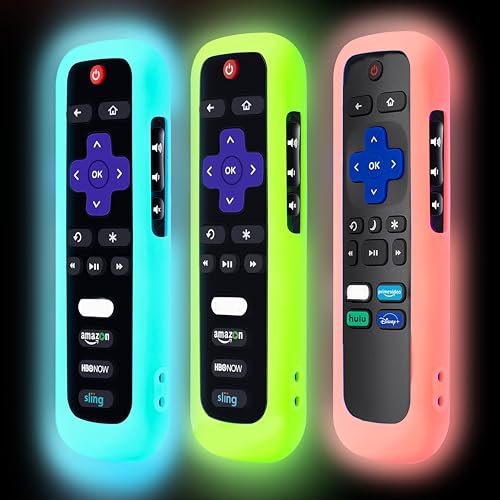 GMXT Silikon-Schutzhülle für Roku-Fernbedienung, Abdeckung für Hisense/TCL Roku TV Steaming Stick/Express, Universal-Ersatz-Steuerung, Silikonhülle, leuchtet im Dunkeln, 3 Stück (blau/grün/pink)