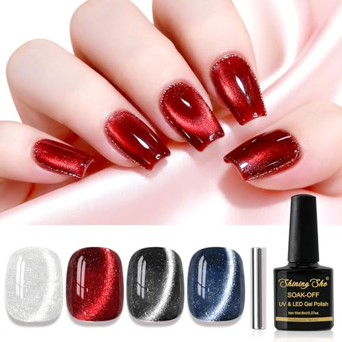 Shining She Esmalte Semipermanente de Uñas en Gel UV LED,4 Colores Blanco Rojo Negro Azul 9D Ojo de Gato Cat Eye Gel Polish Set con Imán,Pintauñas Semipermanentes para Art DIY,8ML