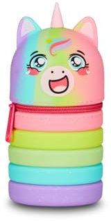 Mitama erweiterbare Silikontasche, 2 in 1 Federmäppchen und Tischstiftehalter, Schultasche, Mäppchen, mit Reißverschluss, Faltbare Stiftetasche, Regenbogen mit Einhorn