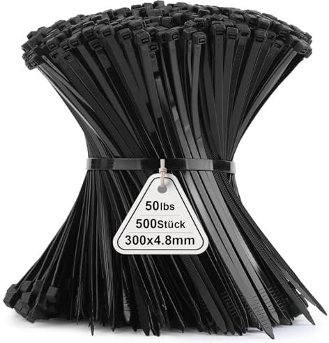 500 Stück Kabelbinder Schwarz 12in, 300mm x 4,8mm Nylonbinder, Cable Ties Zugfestigkeit mit 22 kg, Uv Beständig Kabel binder Zip, Selbstsicherndes Industrie Cable Ties fur Kabelmanagement