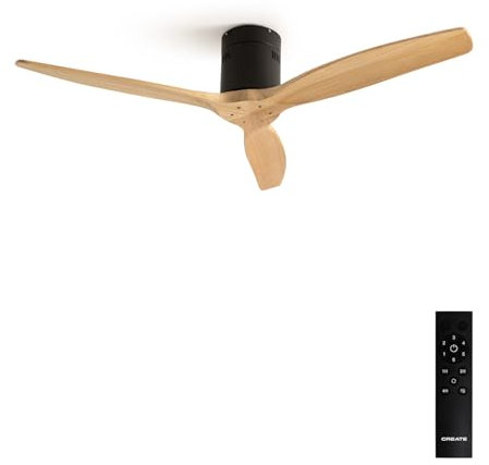 CREATE / WINDCALM NATURAL WOOD M/Ventilador de techo negro aspas madera clara y mando / 40W, Temporizador, Ø132 cm, 6 velocidades, silencioso, función verano-invierno