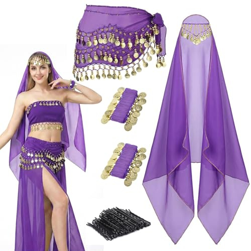 4 Stk Bauchtanz Kostüm Set Hüftschal Kopftuch Münzen Armband Damen | Mit 50 Haarnadeln, Halloween Rave Kostüm Zubehör, Karneval Party Outfit, Bauchtänzerin Verkleidung, Festival Accessoires