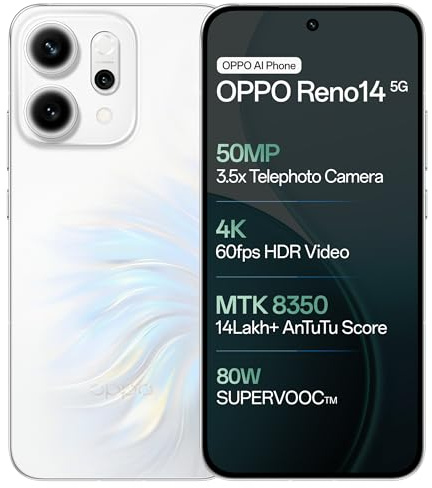OPPO Reno14 5G (Pearl White, 12 GB RAM, 512 GB Storage) with No Cost EMI/Additional Trade-In Offers