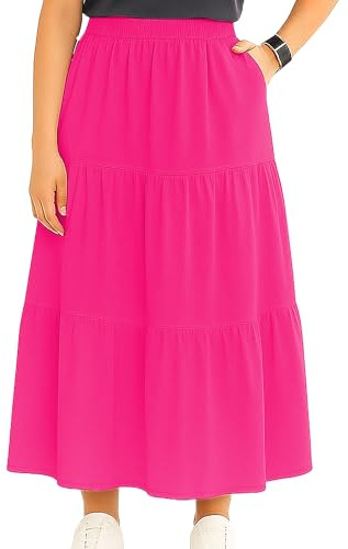 Maxi gonna estiva da donna, a vita alta, con volant, plissettata, stile gypsy, casual, gonna da spiaggia, Fucsia, 4XL