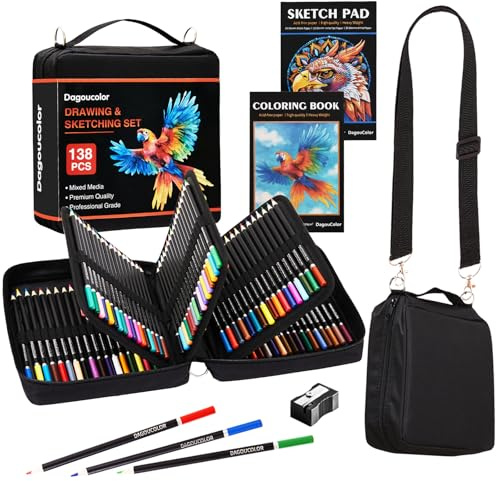 DagouColor Colores Lápiz Bolso de Hombro, 138 Pack Set | Kit de Dibujo con 3‑color Sketchbook & Libro Para Colorear, Suministros de Arte Para Artistas Principiantes Profesionales