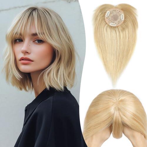 S-noilite Echthaar Hair Topper für Frauen mit Pony Haarteile für Dünnes Haar Echtes Menschliches Haar Mono Basis Clip in Haarverlängerung 15cm - 26g #18/613 Light Aschblond/Weißblond