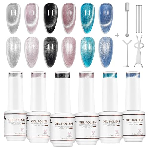 Nicedeco Kit 5ml 6 Colores Esmalte Gel Cat Eye Magnético Transparente con Imán – Efecto Cristal Líquido Brillante, Esmalte de Uñas UV Translúcido Reflectante Larga Duración para Salón y DIY - Set 61