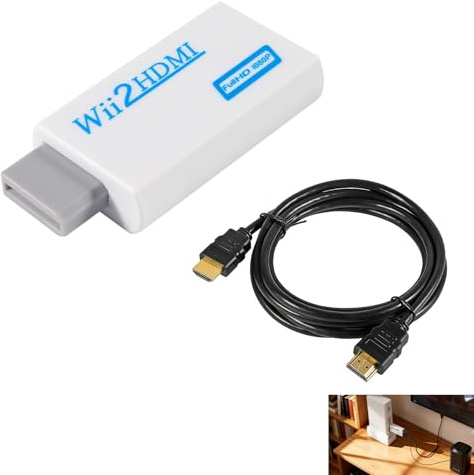 Adaptateur Wii HDMI, Convertisseur Wii HDMI 1080P avec Câble HDMI 1,5 m Sortie Audio 3,5 mm, Compatible avec Tous les Modes d’Affichage Wii, pour TV, Moniteur et Projecteur, Plug and Play, Blanc