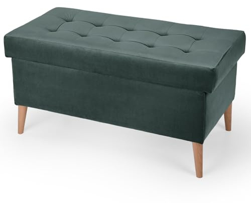 MG Design Samt Sitzbank in Türkis 45 x 90 cm mit Stauraum – Gepolsterte Polsterbank mit Holzbeinen für Schlafzimmer, Wohnzimmer oder Flur