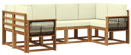 vidaXL Outdoor-Sofagarnitur 6 pcs Natur und Creme Massivholz Akazie, Akazienholz, modernes Gartensofa, Outdoor-Sitzgruppe, Gartenmöbel für die Veranda, wetterfest