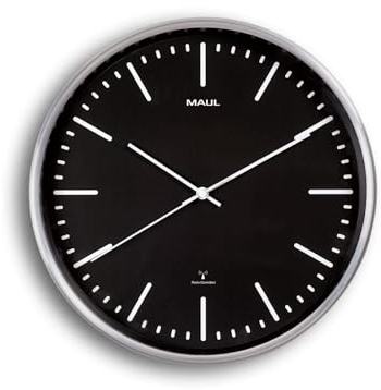 MAUL | Wanduhr MAULfly | Aluminium gebürstet | Ø 305 mm | Funkuhrwerk | schwarz