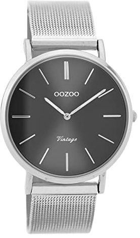 Oozoo Vintage Damenuhr mit massivem grobmaschigem Edelstahl Milanaise Metallband 36 MM Silberfarben/Silbergrau C9938