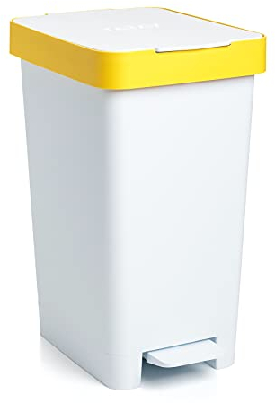 Cubo de Basura para reciclaje y la Cocina con Apertura automática a Pedal y apertura manual de la tapa, capacidad para 25 litros, Fabricado en plástico Polipropileno, Blanco/Amarillo, 26 x 36 x 47 cm