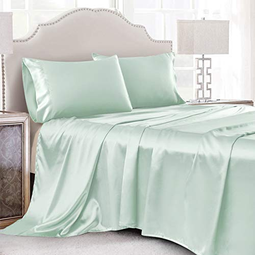 Cobedzy Set di 4 lenzuola in raso verde menta per letto king size, 1 lenzuolo con angoli con tasca profonda, 1 lenzuolo piatto, 2 federe