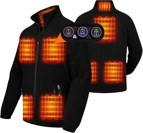 ARRIS Men's Heated Fleece Jacket, Electric Heating Warm Coat Full Zip with 8 Heating Areas and Phone Charging Function for Winter Use